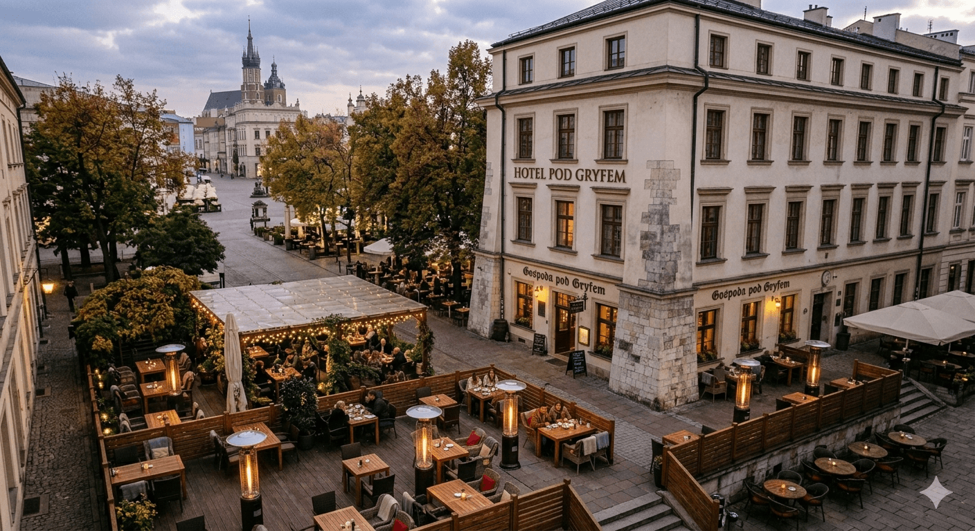 Ogrzewacze tarasowe gazowe rozmieszczone na tarasie hotelowym