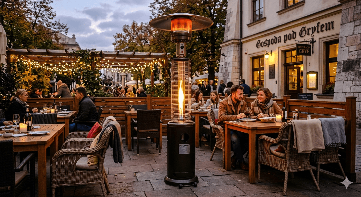 Gazowy ogrzewacz tarasowy w restauracji – palenisko z efektem płomienia