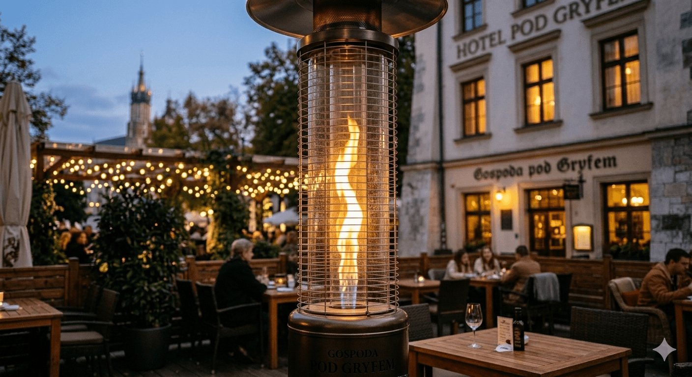 Ogrzewacz tarasowy gazowy z widocznym płomieniem