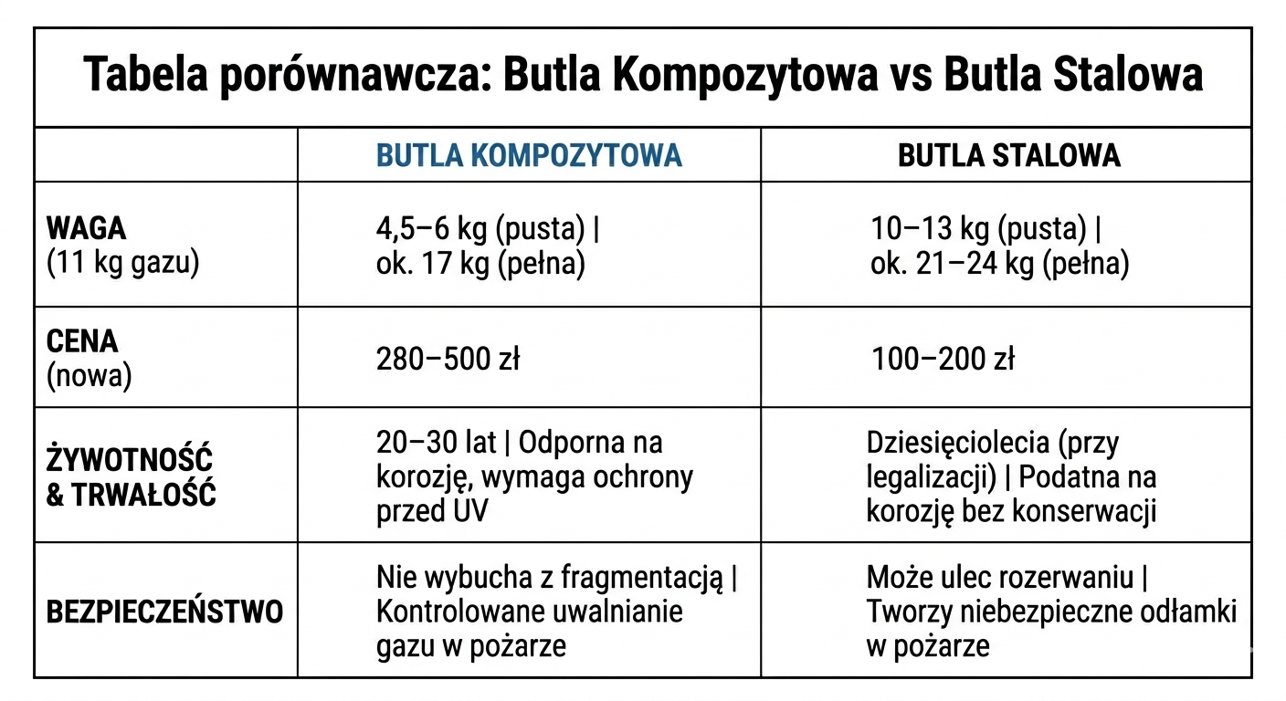 Tabela porównawcza — butla kompozytowa vs stalowa, kluczowe parametry