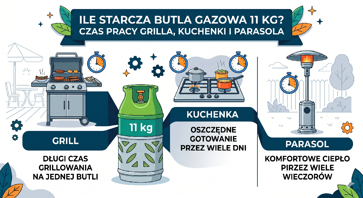 Ile starcza butla gazowa 11 kg – butla LPG przy grillu gazowym i parasolu grzewczym na tarasie