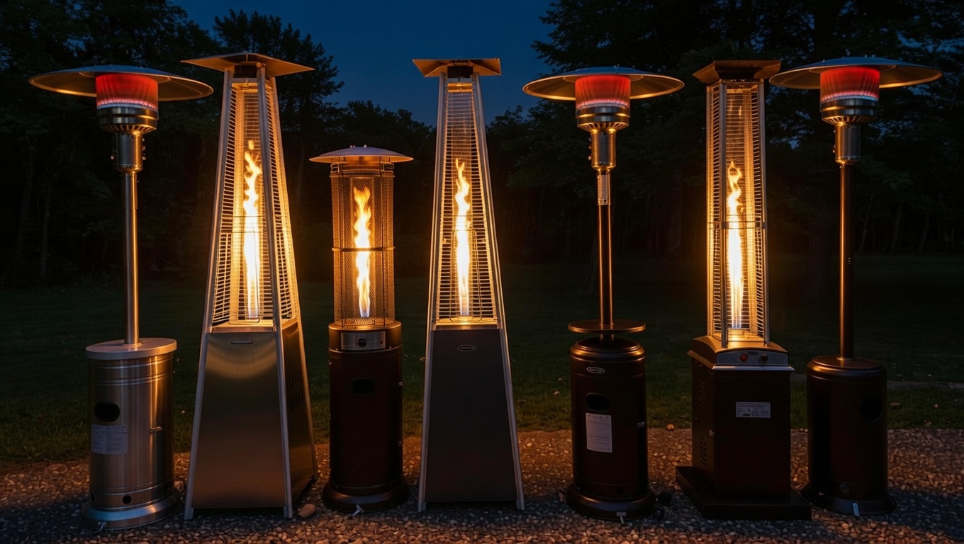 Parasole grzewcze gazowe nocą — wynajem dla gastronomii i eventów